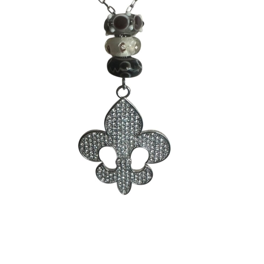 Silver Tone Fleur De Lis Rhinestone Pendant Necklace Black Bead Accents - Picture 2 of 5